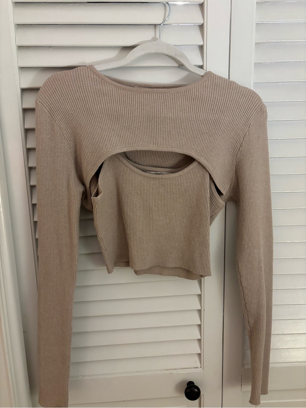 Beige Ribbed Cutout two piece Long-Sleeve Women’s Top